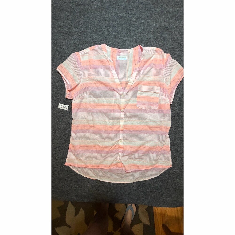 Columbia Button-Up Blouse Womens L Pink Orange White Striped Short Sleeve